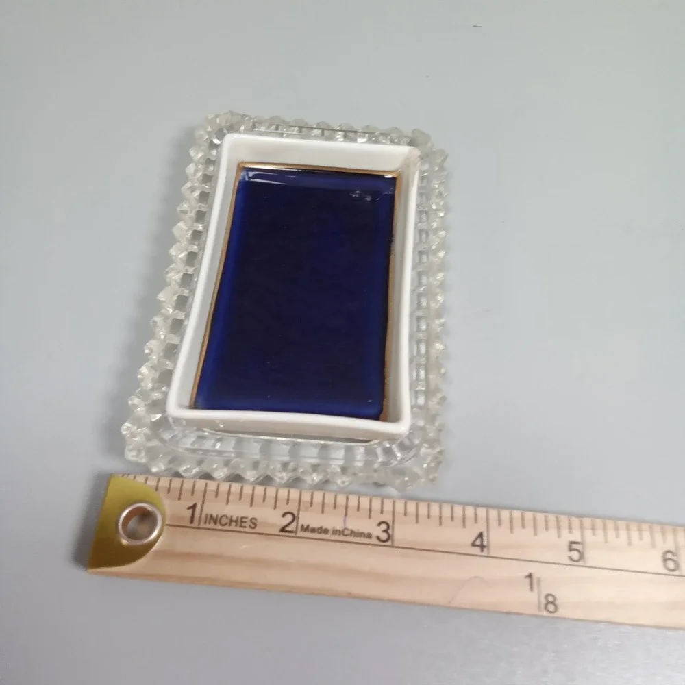 Vintage FBS Czechoslovakia Cobalt Blue‎ Hand Painted Glass Trinket Dish Set